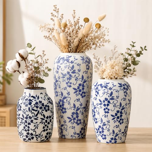 Rustic LemonRoad 3 Pack Chinoiserie Blue and White Ceramic Vases - Floral Decor