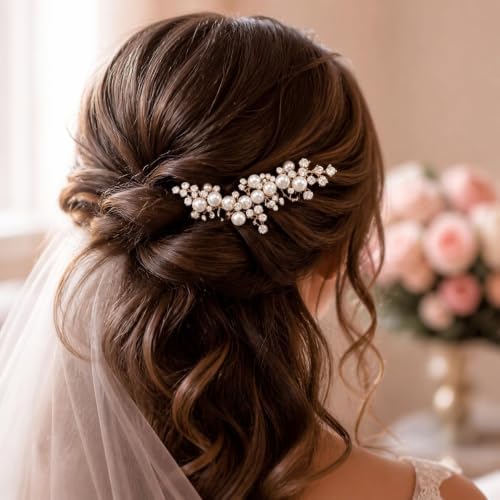 Pearl Wedding Hair Comb 2-Piece Gold Bridal Crystal Hairpiece Set