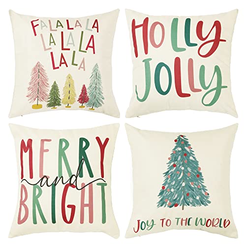 Colorful Christmas Pillow Covers Set of 4 - 16x16 Inch Holiday Decor