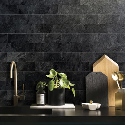 AULIGET Black Slate Peel and Stick Backsplash Wall Tiles 3x6 PVC 4-Pack