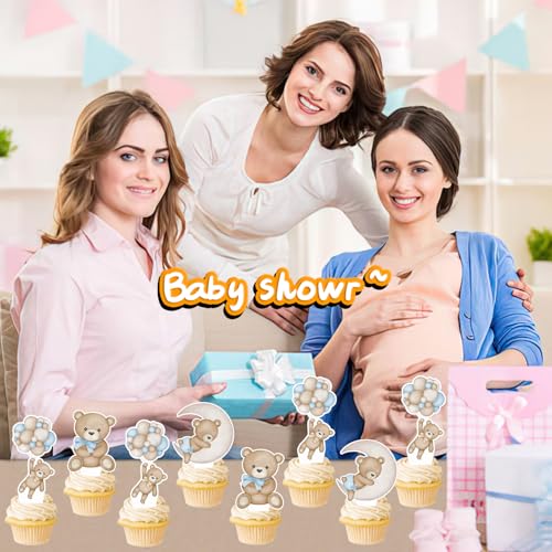 Blue Teddy Bear Cupcake Toppers - 48 Pcs Baby Shower Decorations