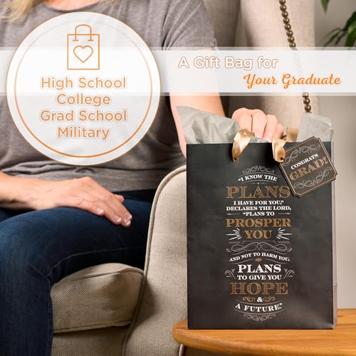 Graduation Gift Bag with Tissue Paper and Gift Tag - Black & Gold Celebration Theme