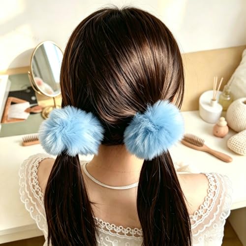 Blue Furry Hair Scrunchies 2PCS Soft Plush Ponytail Holders Y2K