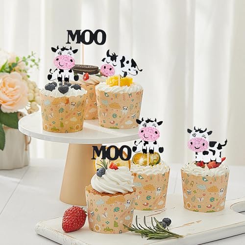 12PCS Cute Cow Cupcake Toppers Glitter Farm Animal Cake Decorations