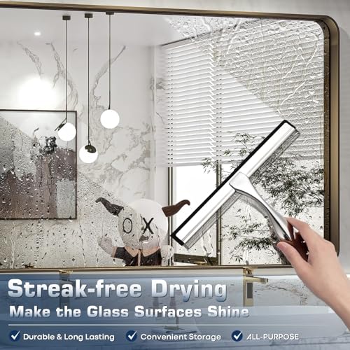 SSTOOHL 10-Inch Stainless Steel Shower Squeegee with 2 Adhesive Hooks
