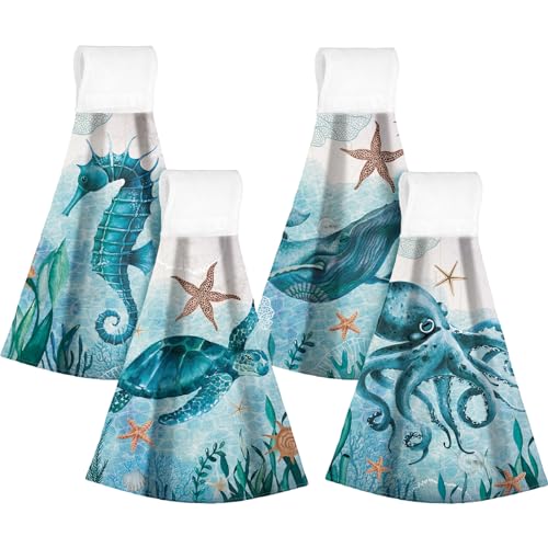 Sratte 4 Pcs Ocean Animal Hanging Kitchen Towels Sea Turtle Seahorse Blue