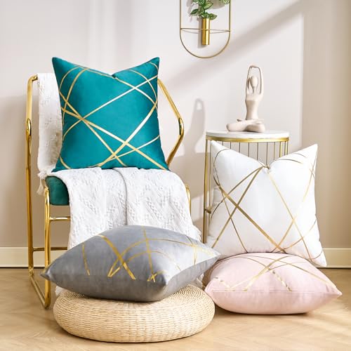 White Velvet Decorative Pillow Covers 16x16 - Pack of 2 with Gold Foil Design