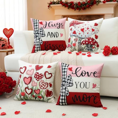 Artscope Valentine's Day Pillow Covers Set of 4, 18x18 Inch Red & Pink Heart Decor