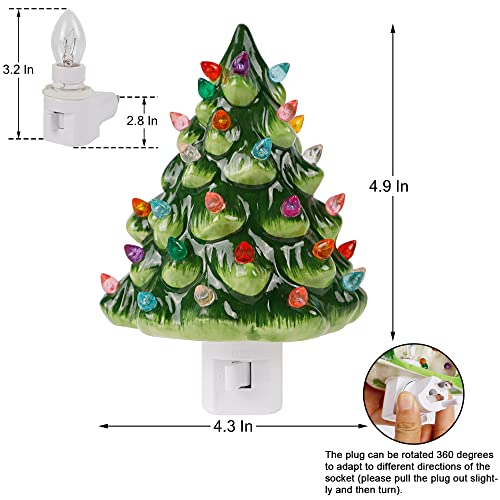 Green Ceramic Christmas Tree Night Light with Multicolor Bulbs - 6 Inch