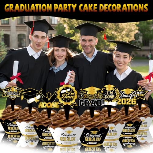2025 Graduation Cupcake Toppers & Wrappers - Black Gold Set