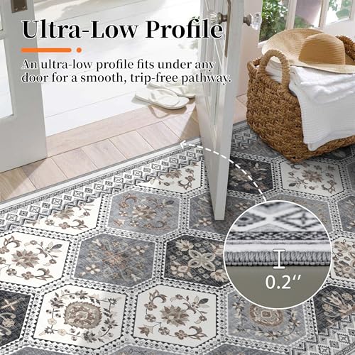 Ema Gray/Gold 2x3 Washable Non-Slip Entryway Rug - Boho Moroccan Style