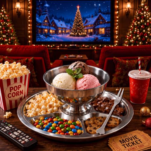 Stainless Steel Sundae Bowl & 4-Compartment Topping Tray Set for Movie Night