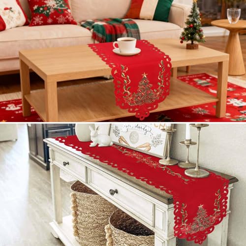 Embroidered Christmas Tree Table Runner - Extra Long 120x15 Inches