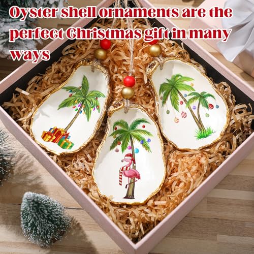 Christmas Oyster Shell Ornaments Set - Resin Decor with Festive Prints