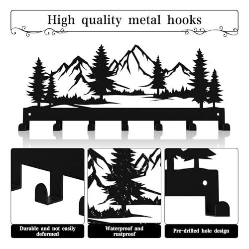 Hounahha 12-Inch Wall Mounted Key Holder with 7 Hooks, Mountain & Grove Design, Black Metal Storage Rack for Home & Office