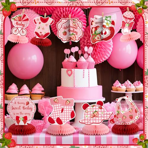 12 Pcs Strawberry Honeycomb Centerpiece Set for Baby Shower Decorations