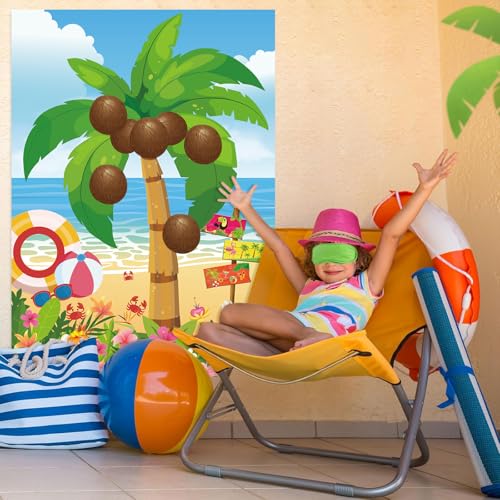 Hawaiian Luau Party Game - Pin The Coconut on Palm Tree Set