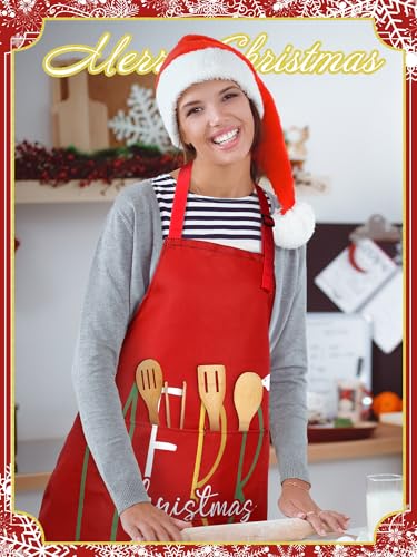 Christmas Aprons for Women with Pockets - Red & White Holiday Kitchen Wear - 4 Pack