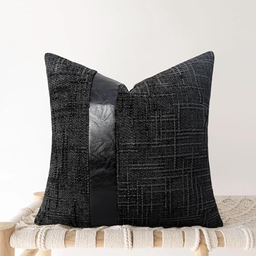 Black Chenille Throw Pillow Cover 18x18 with Faux Leather Accents