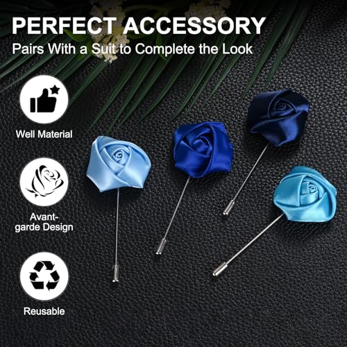 Blue Rose Lapel Pin Flower Boutonnieres for Men Suits Wedding Party