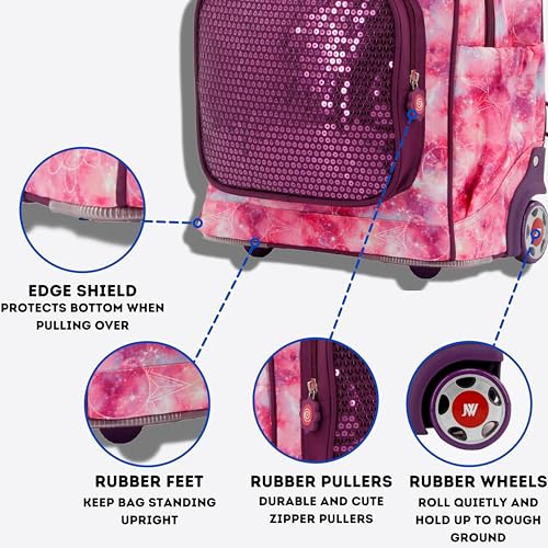 J World New York Sparkle Kids Rolling Backpack. Carry-On Luggage with Wheels, Purple Galaxy