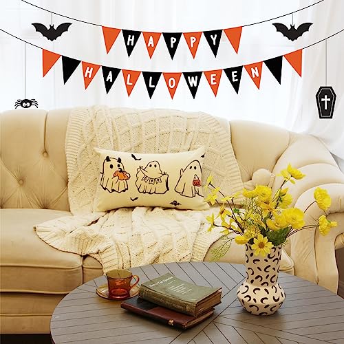 Halloween Ghost & Bat Lumbar Throw Pillow Cover, 12x20 Inch Decorative Case
