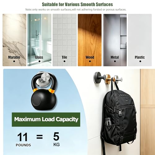 Suction Cup Hooks for Bathroom - Removable Adhesive Towel & Robe Hooks (2 Pack, Black)