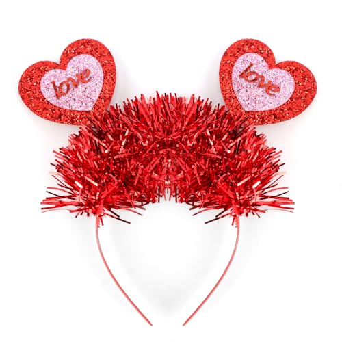 AHONEY Red Heart Headband with Glitter Tinsel for Valentine's Day