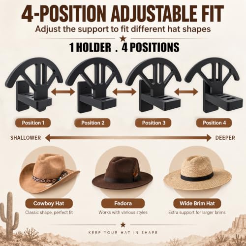 Wall-Mounted Cowboy Hat Rack with Adjustable Supports - Wooden Western Hat Holder