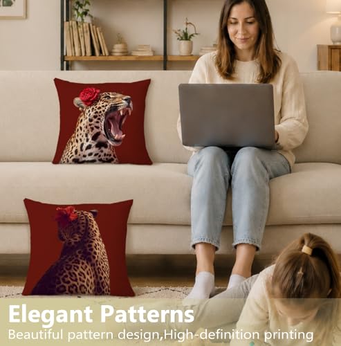 Red Floral Cheetah Throw Pillow Cover 18x18 Soft Flannelette Decorative