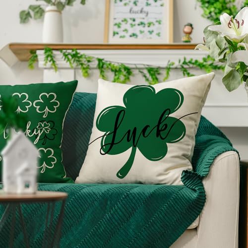 AVOIN St Patrick's Day Lucky Clover Throw Pillow Covers, 18x18 Inch (Set of 4)