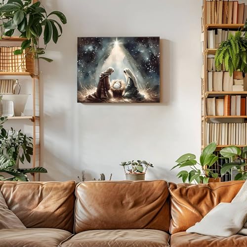 Nativity Scene Canvas Wall Art - Holy Family and Star Religious Christmas Decor - 24x30 Inch, Framed