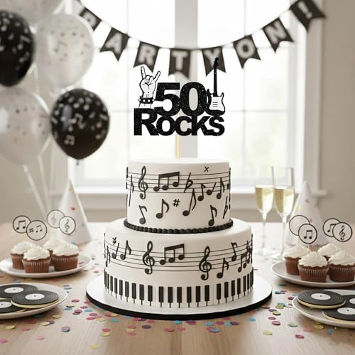 50th Birthday Cake Topper - Black Glitter Rock Guitar Decor