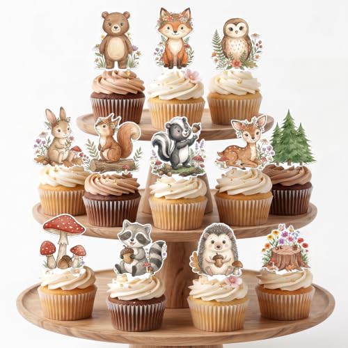 Woodland Baby Shower Cupcake Toppers 36 Pieces, Forest Animal Decor, Pre-Assembled