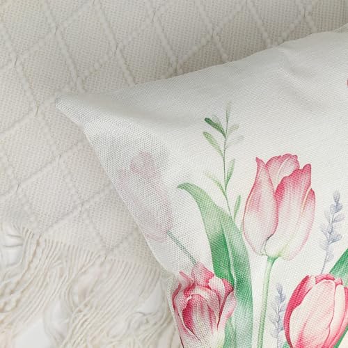 Bonhause Pink Tulip Throw Pillow Covers, 18x18 Inch Floral Cushion Cases (Set of 4)