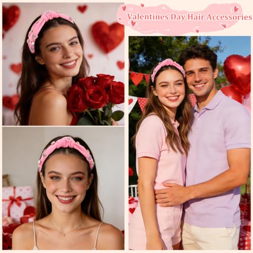 Valentine Rhinestone Heart Knotted Headband for Women Pink Hair Accessory
