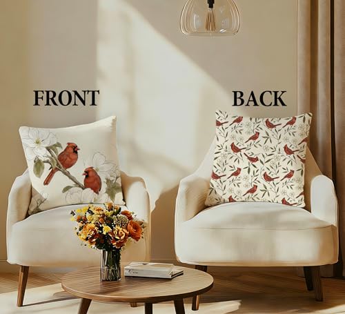 Vintage Cardinal Bird Floral Throw Pillow Cover 18x18 - Bird-2