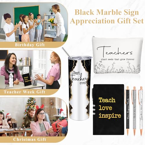 Black Teacher Appreciation Gift Set with Tumbler Notepad & Makeup Bag - 6 Pieces