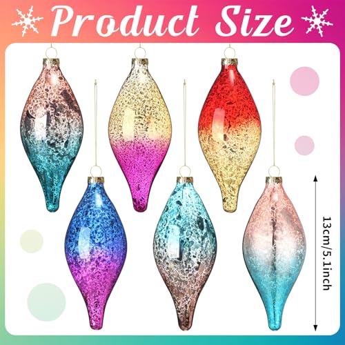 Colorful Neon Glass Christmas Ornaments Set - Mercury Glass Finials with Gradient Finish, 6 Pack