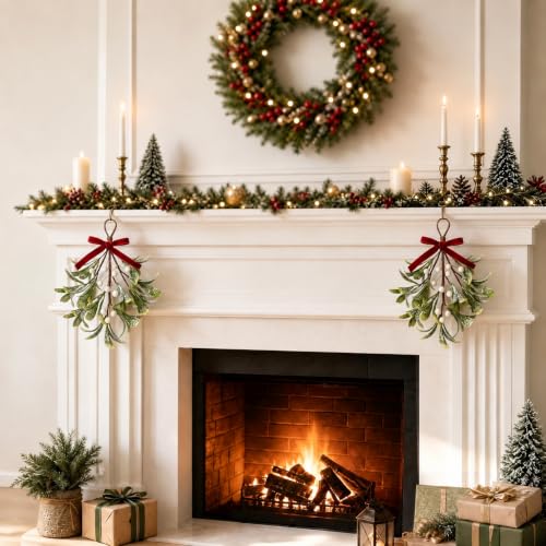 Christmas Mistletoe Decorations with Velvet Bow & White Berries - 2PCS Classic Variation
