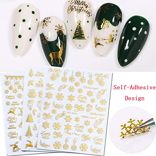 Vezocim Gold Christmas Nail Art Stickers 9 Sheets Holographic 3D Winter