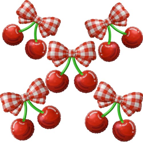 Red Plaid Cherry Foil Balloons - Fruit Theme Party Supplies, 6 Pack