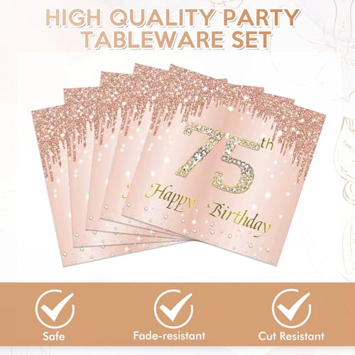 KHAIVI 75th Birthday Party Plates and Napkins Rose Gold 75 Year Old Tableware - 40 pcs