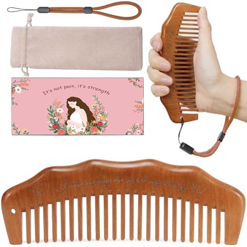 Moreinday Peachwood Labor Comb with Wrist Strap for Pain Relief