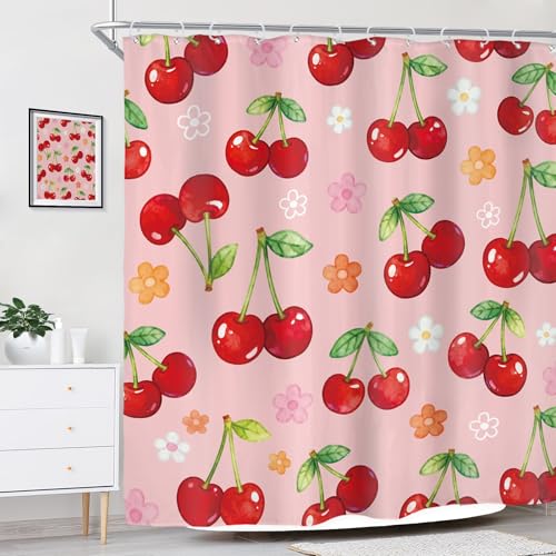 Riyidecor Cherry Floral Shower Curtain, Pink Kawaii Bathroom Decor, 72x72 Inch