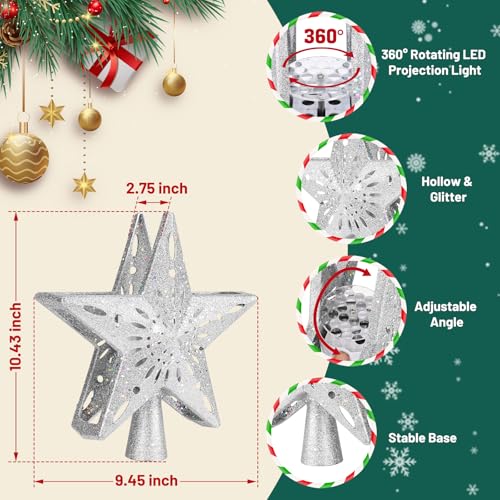 Lighted Christmas Tree Topper Star with 6 Projection Modes Silver - Rotating 3D Sparkling Decor
