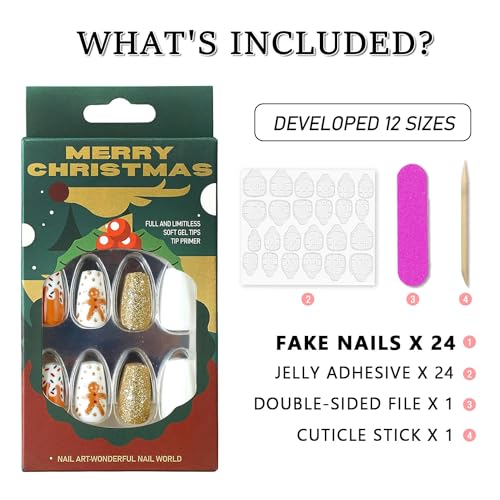 BFY Christmas Press on Nails Medium Coffin Glossy False Nails with Gold Glitter Gingerbread Man Design 24 Pcs