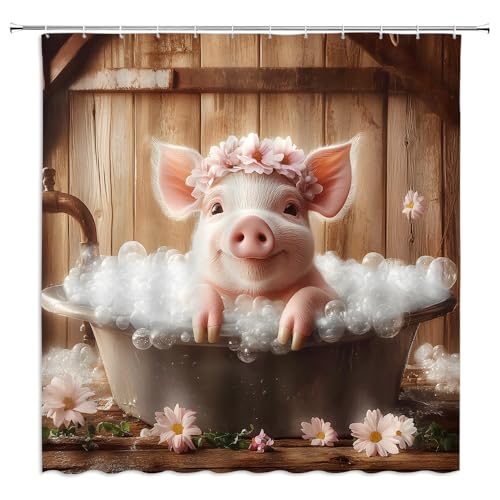Funny Pink Pig Shower Curtain, 70x70 Inches - Farmhouse Decor