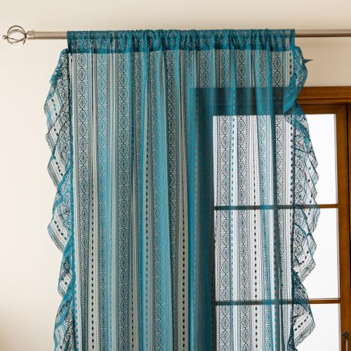 Teal Boho Sheer Lace Curtains 50W x 96L Pair – Geometric Crochet Drapes for Bedroom & Holiday Decor