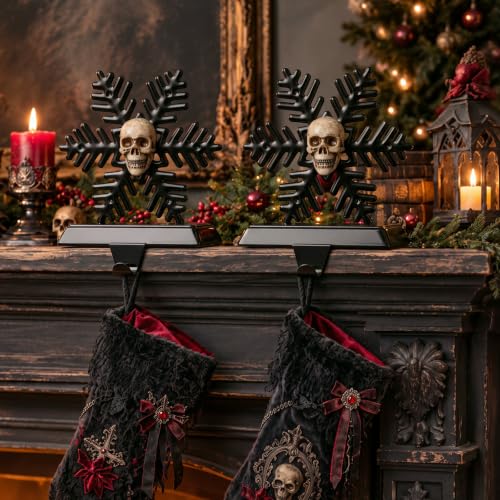 Gothic Christmas Stocking Holders Set of 4 Black Snowflake Skull Decor